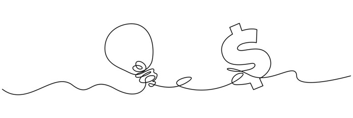 Continuous one line drawing of electric light bulb with dollar sign vector illustration. Isolated on transparent background