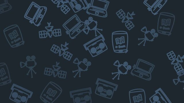 animated technology icon seamles of laptops, satellites, cameras, and ebook readers. Suitable for technologyrelated designs, backgrounds, websites, and educational content. Great for tech enthusiasts.