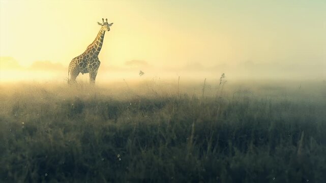 A giraffe stands in the middle of a misty savannah, bathed in the golden light of either dawn or dusk. The giraffes intricate pattern is highlighted by the soft, diffused light.