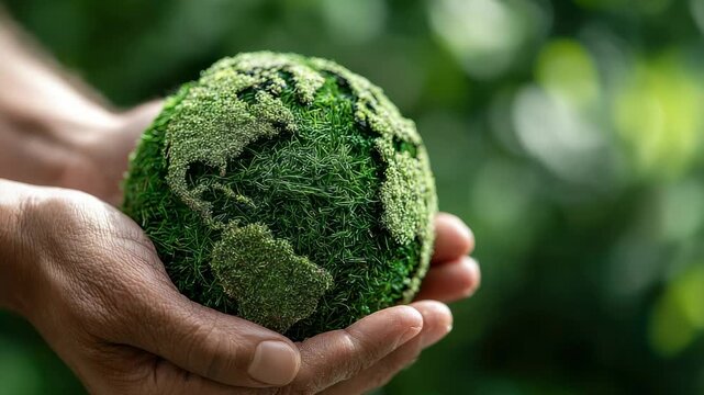 Hands hold a green globe representing Earth in a natural setting to promote environmental awareness and sustainability efforts