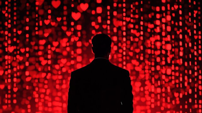 Silhouette of a man in a suit surrounded by floating red hearts in soft focus.