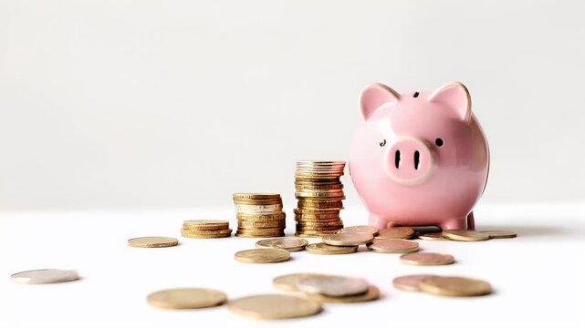 Money saving deposit financial planning concept. pink piggy bank video stock lifestyle.