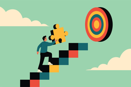 Man climbing colorful stairs with puzzle piece towards target 