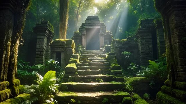 Ancient Jungle Temple Ruins with Sunbeams.