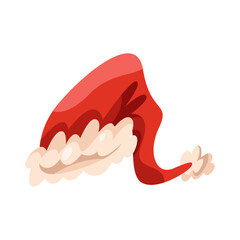 Vector Santa cap or New Year hat, Christmas headwear. Xmas red apparel with trim and pompom. Winter festive or seasonal holiday clothing accessory. December party outfit element. Festival costume sign