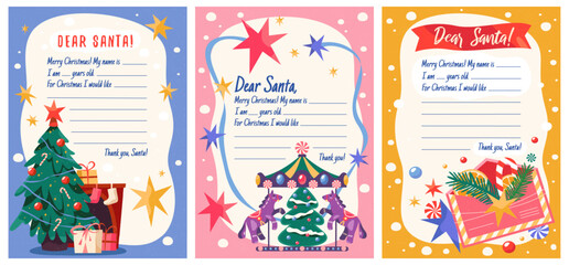 Set of New Year and Christmas letters. Vector Santa message template. Mail from children or kids to Claus. Merry Xmas gift or present child request. December writing for winter festive or holiday.