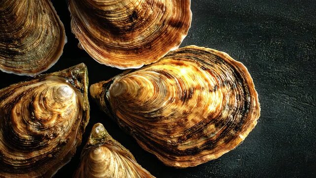 A close-up of fresh oysters on a dark table, details. Concept of seafood, shell texture
