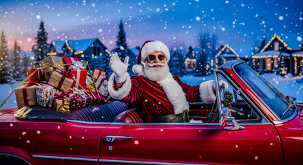 Santa Claus waving hand, driving red convertible car full of Christmas gift boxes. Holiday delivery concept for greeting card.