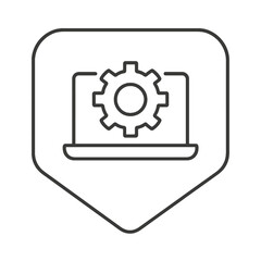 Thin-line laptop with gear icon inside a square pin, symbolizing digital setup and software configuration. Perfect for UI dashboards and technology projects.