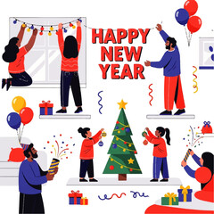 Happy New Year Celebration Family Decorating Christmas Tree.