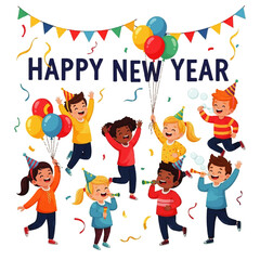 Joyful Children Celebrating Happy New Year with Balloons.