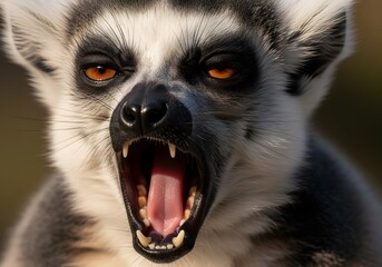 Obraz premium Portrait of a cute ring-tailed lemur, Lemur catta, with striking eyes and a long black and white tail, highlighting the endangered wildlife of Madagascar