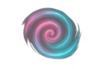 Colorful light vortex creating abstract cosmic swirl effect with pink and cyan glowing nebula and shiny particles on transparent background