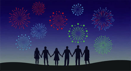 Silhouettes of People Holding Hands Watching Fireworks Display.