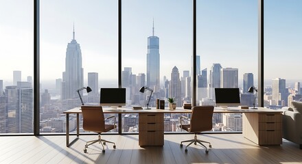 Modern office space featuring expansive cityscape view from a high rise