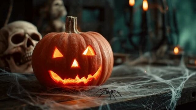 Glowing Halloween pumpkin with skull and spider web