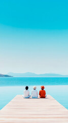 Fototapeta premium Three people from behind, sitting on wooden dock over serene blue waters, looking at distant horizon and mountains under clear sky