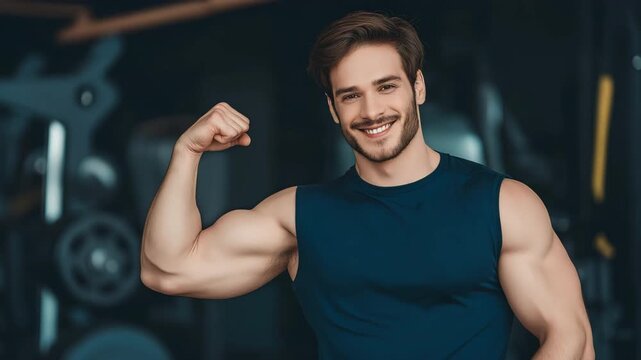 A youthful, fit man proudly flexes both arms to show off his strong biceps at a modern training facility. idea of strength, confidence, improving fitness, and leading a healthy lifestyle.
