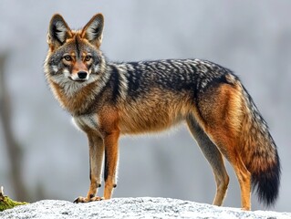 Coyote standing alert on a rock, against a blurred natural background