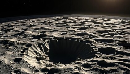Vast, shadowed lunar crater landscape, dramatic lighting,  shadow,  earth