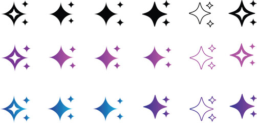 Sparkle star icon set. Sparkle, stars or shine icon set vector collection of different stars in black color. Shine icon. AI generated star icons collection. Artificial Intelligence sparkle symbol