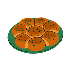 Vector bun or baked pies with onion and egg. Pastry meal or bakery dish. Ukrainian food with crust or Slavic homemade stuffed nutrient. Oven cuisine on plate. Gastronomy and culinary, cooking sign.