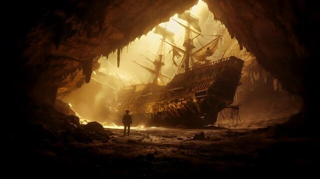 A vivid portrayal of a shipwrecked in a cavernous setting, bathed in a warm, golden hue. The ship, with its intricate details and dilapidated hull, is the central focus.