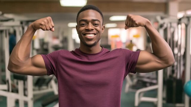 A youthful, fit man proudly flexes both arms to show off his strong biceps at a modern training facility. idea of strength, confidence, improving fitness, and leading a healthy lifestyle.