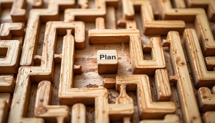 wooden maze with a cube labeled â€œplanâ€ at the center.