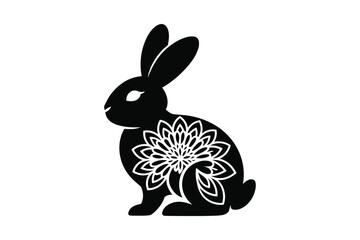 Black silhouette of a rabbit with a white floral mandala design on its body bunny