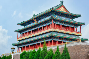 Traditional Chinese roof and painted architecture of the Zhengyang Gate (zhengyangmen) tower in Beijing, China