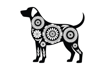 Black dog silhouette with white floral mandala patterns on white background vector
