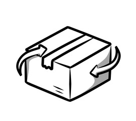 A hand-drawn sketch style icon of a cardboard box with return arrows featuring minimal shading to emphasize a clean and simple look, perfect for representing logistics, and product return processes