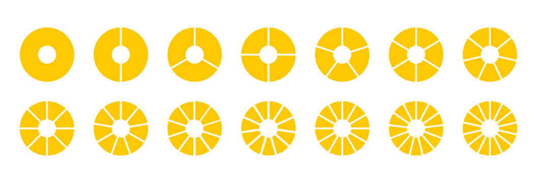 Circle division on 1, 2, 3, 4, 5, 6, 7, 8, 9, 10, 11, 12, 13, 14 equal parts. Coaching tool. Wheel life round divided diagrams with segments. Segmented pinwheel yellow. Infographic blank progress icon