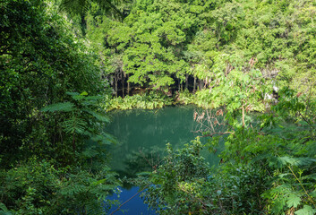 Obraz premium Los Tres Ojos National Park, one of Santo Domingo’s most distinctive natural attractions, is an open-air limestone cave featuring three stunning lakes, aptly named “The Three Eyes.”