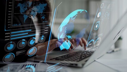 High-tech global network connection interface showing worldwide digital communication, data exchange, and internet connectivity. Global connection, data interaction, and worldwide communication. Thunk