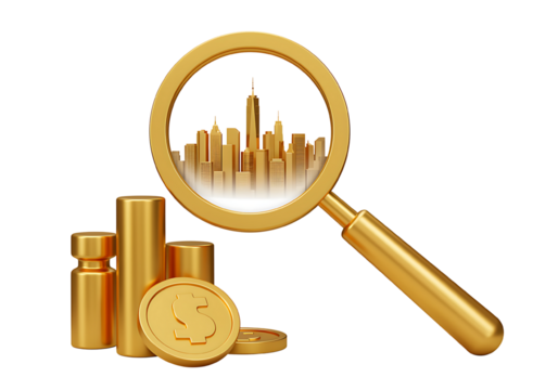 Golden magnifying glass examining a cityscape amidst stacks of gold bars and coins.