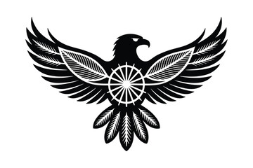 Silhouette Black eagle with outstretched wings and feathered details centered on a white background