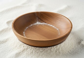 Rustic wooden bowl with sprinkle of flour on floury background surface