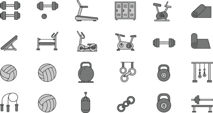 Gym equipment, fitness icon, workout gear, exercise tools, wellness items, cad drawing flat vector illustration