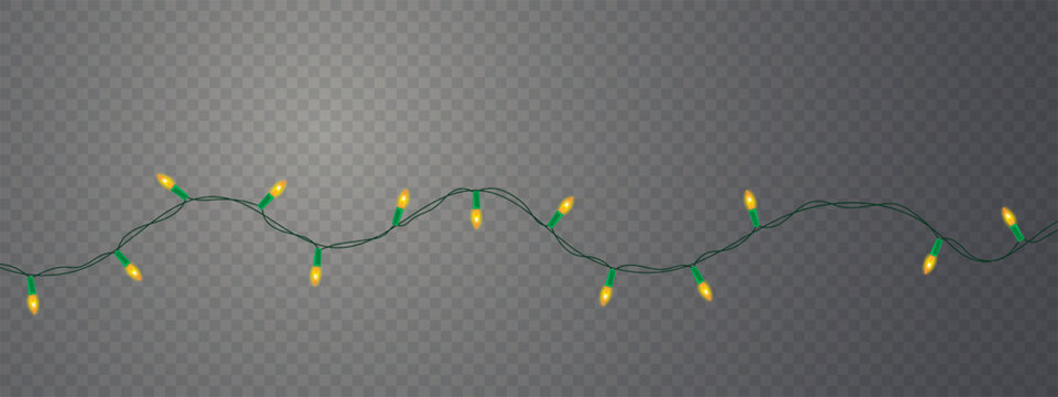 A string of glowing yellow Christmas lights arranged in loops on a white background, creating a festive and cheerful holiday atmosphere. Christmas bulbs twinkle with shine illustration 