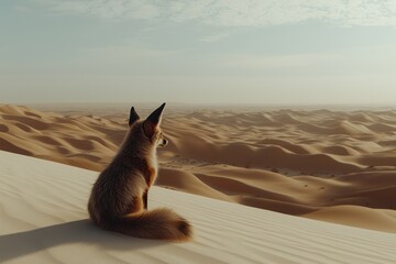 Obraz premium Fox perched on dune, gazing at vast, undulating desert landscape under a pale sky