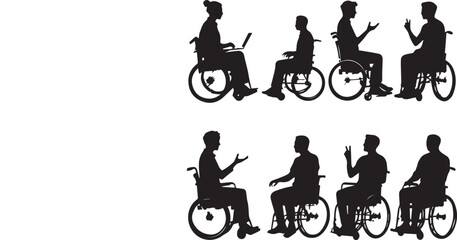 Silhouettes of people interacting with wheelchair users in inclusive black and white illustration style