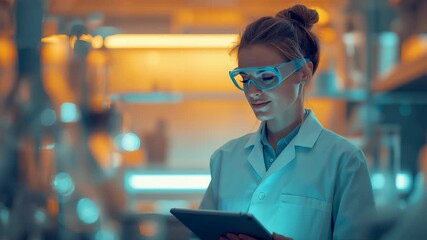 Female scientist working in a modern laboratory using a digital tablet under warm ambient lighting while conducting advanced scientific research