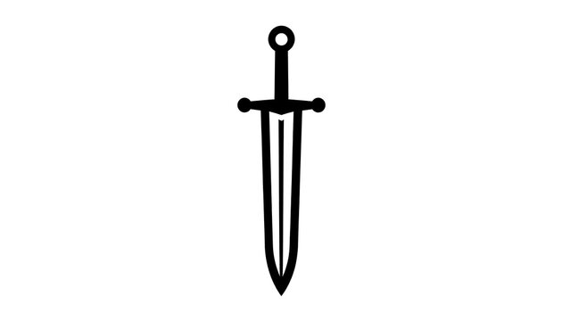 A centered, minimalist, black-outline sword icon pointing downward on a white background, isolated for impact