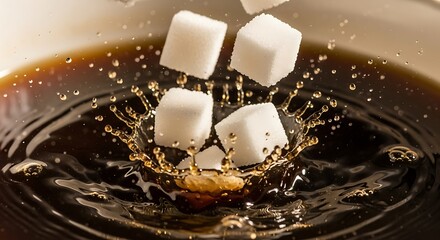 Sugar cubes plunge into coffee creating an energetic splash and ripples in a cup showing the effect of sweeteners