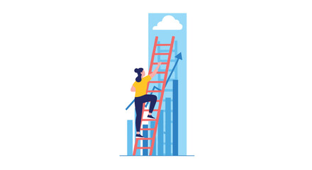 Determined businesswoman climbing a ladder leaning against a rising bar chart, representing career growth, ambition, and achieving business success.
