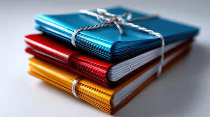 Colorful stacked notebooks tied with string on a clean surface
