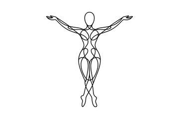 Silhouette Black line art abstract human figure in dance pose with outstretched arms and legs on white background