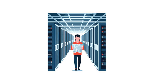IT technician walking down a long hallway of server racks in a data center, carrying a map, representing network management and administration.